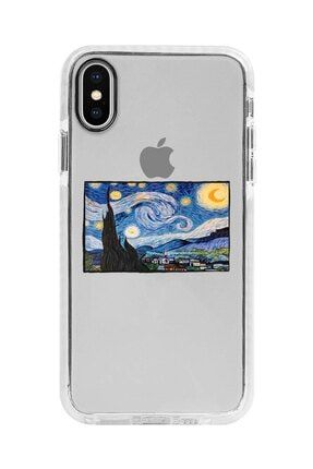 Iphone X Beyaz Kenarlı Anti Shock Vincent Van Gogh Yıldızlı Gece Desenli Telefon Kılıfı IPXANTI-273