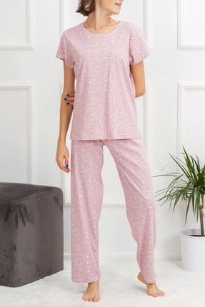 Kadın Leopar Desenli Pembe Pamuklu Kısa Kollu Pijama Takımı HLS1054