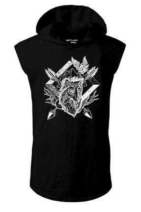 Unisex Kurt V2 Tasarım Baskılı Kapşonlu Kolsuz Siyah T-shirt ART775