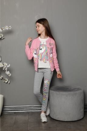 Kız Çocuk Unicorn Baskılı Sweatshirt Eşofman Takımı Alt Üst Gri Pembe LolPembegriUnicorn