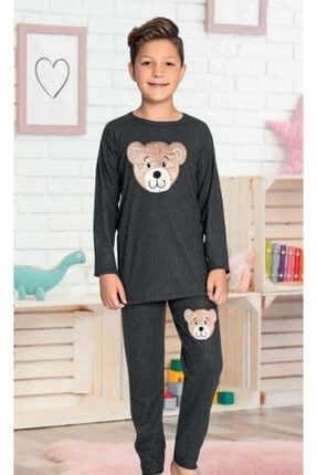 Erkek Çocuk Ayıcık Baskılı Siyah Renk Alt-ust Kışlık Pijama Takımı WGK-0077