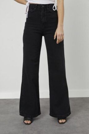Trend Siyah Likralı Salaş Wide Leg Jean - Süper Yüksek Bel Solmaz Kumaş Kot Pantolon THRMNY240921BLPÇA