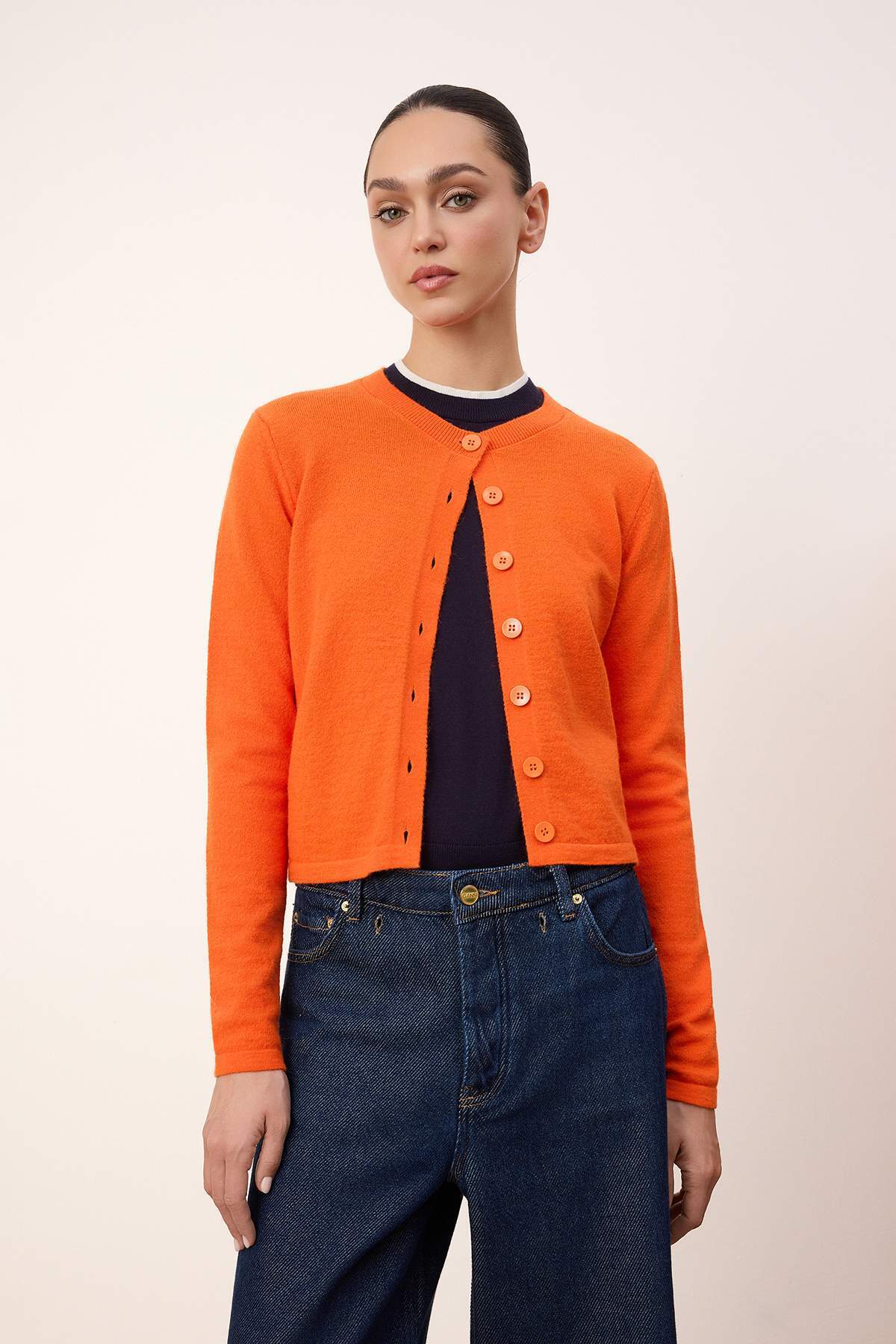 Trendyolmilla  Wardrobe Essentials Turuncu Yünlü Ceket Görünümlü Triko Hırka TWOAW25HI00049