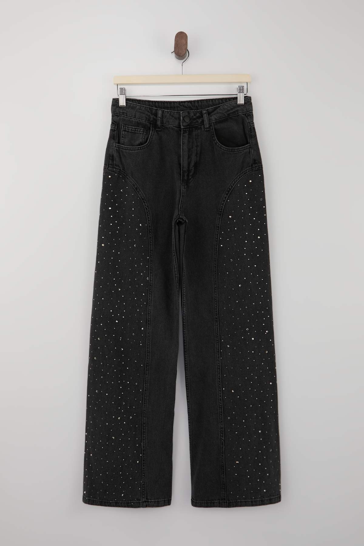 Trendyolmilla  Siyah DÖKÜMLÜ Taşlı Dikiş Detaylı Yüksek Bel %100 Pamuk Wide Leg Jeans TWOSS26JE00079 - Görsel 5