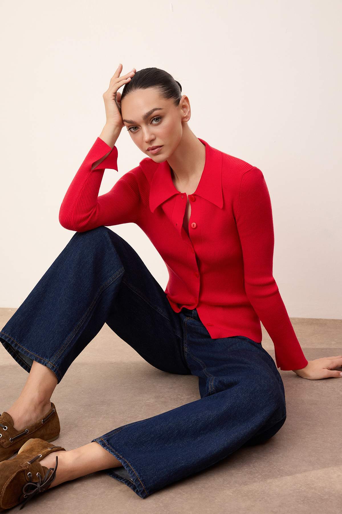 Trendyolmilla  Wardrobe Essentials Kırmızı Premium İplik Polo Yaka Triko Hırka | TWOAW26HI00225 - Görsel 2