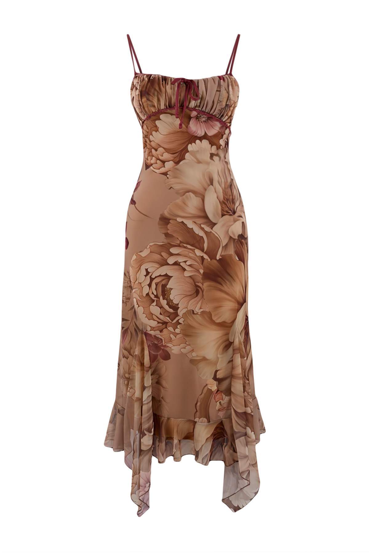 Trendyolmilla  Çok Renkli A-Kesim Çiçek Desenli Fırfırlı Örme Tül Elbise TPRSS24EL00133 - Görsel 9