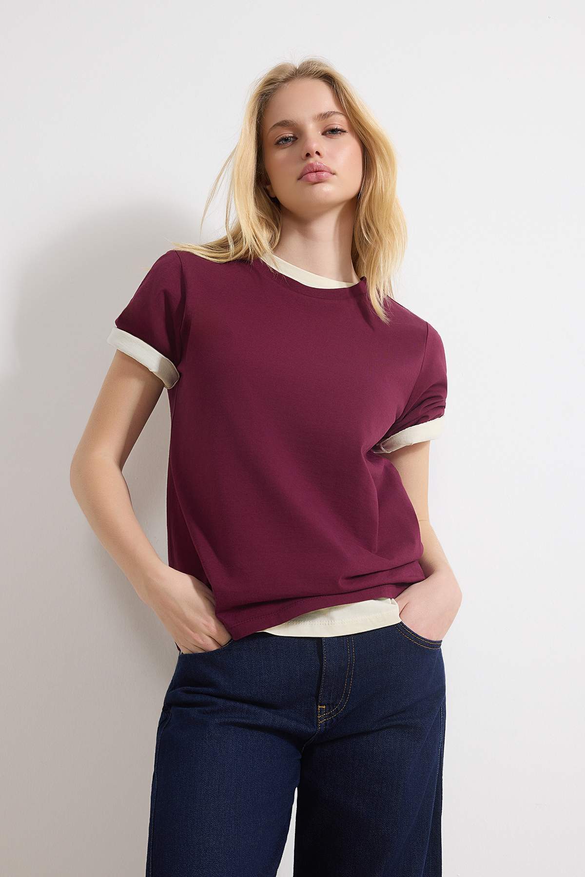 Trendyolmilla  Mürdüm-Taş %100 Pamuk Bisiklet Yaka 2'li Paket Örme T-Shirt TWOSS20TS0141 - Görsel 2