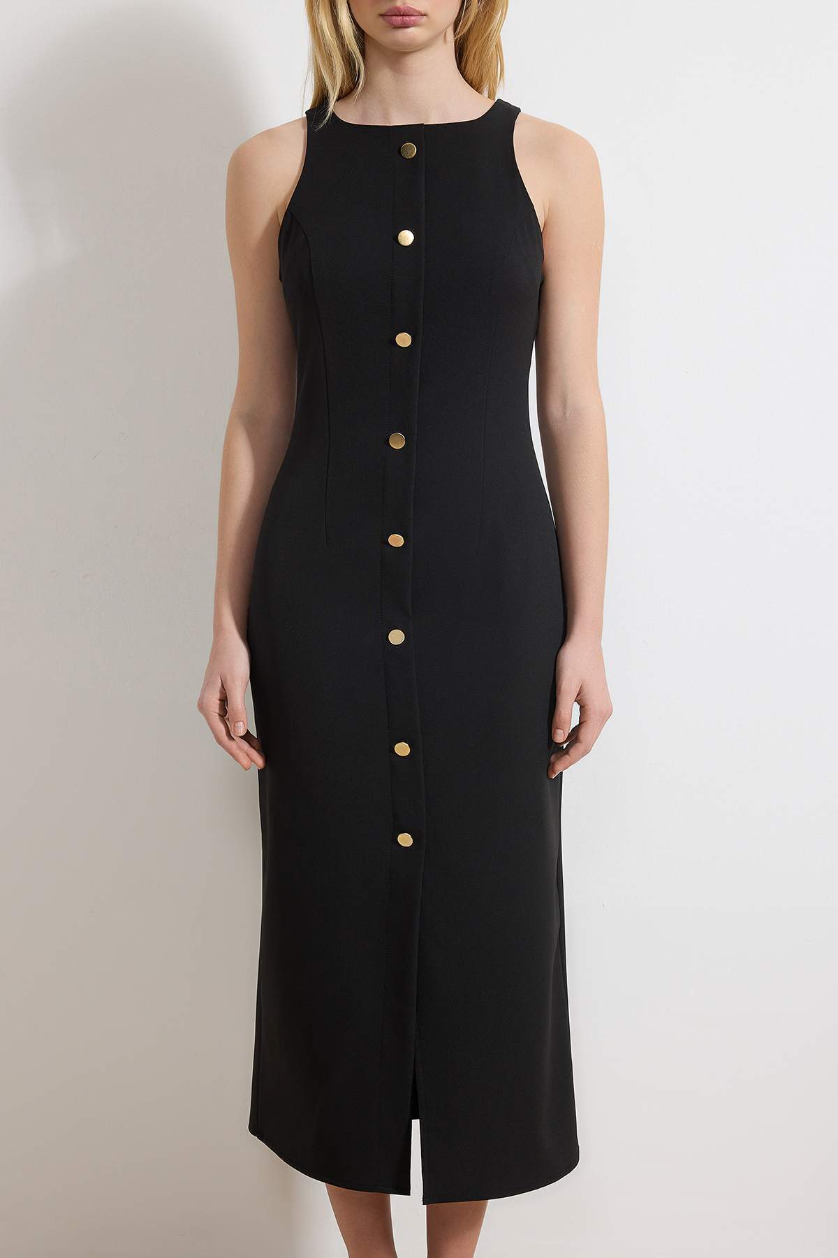 Trendyolmilla  Siyah Düğme Detaylı Midi Dokuma Elbise TWOSS26EL00083 - Görsel 3