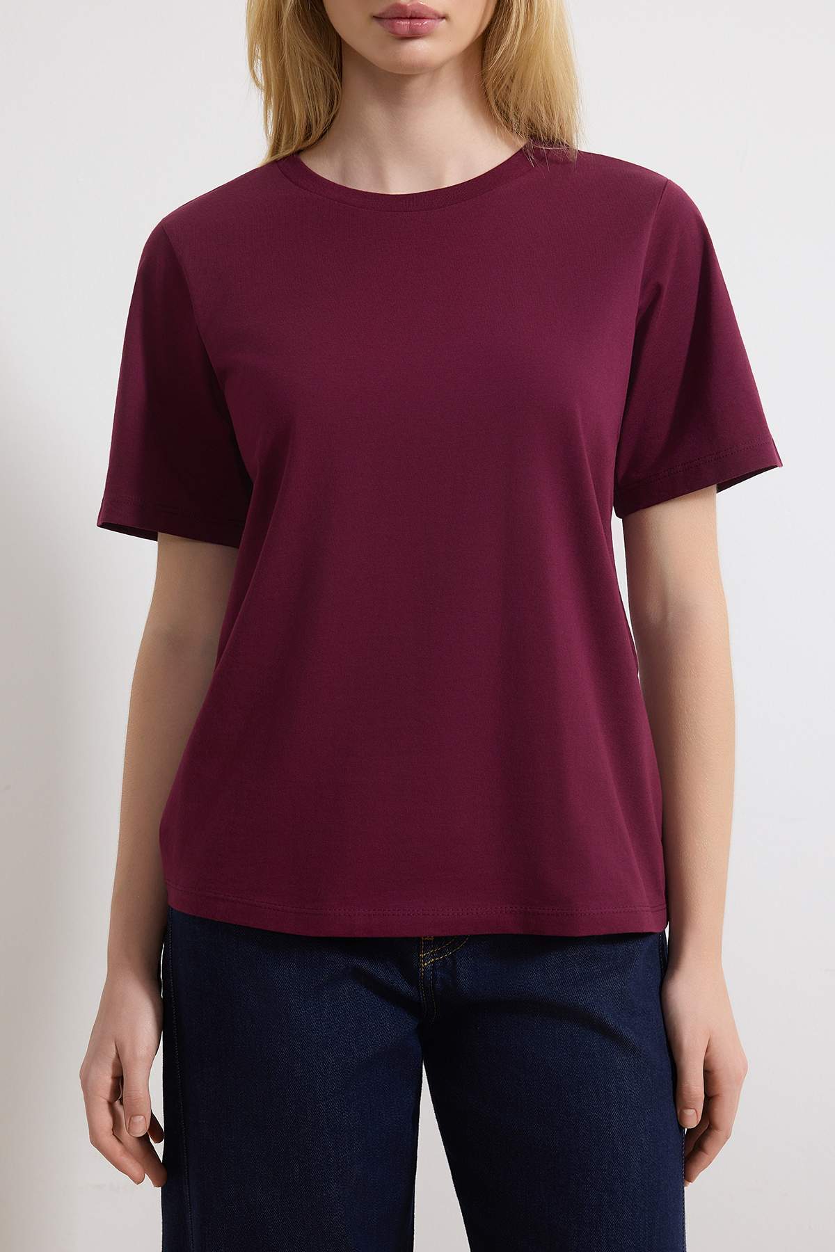 Trendyolmilla  Mürdüm-Taş %100 Pamuk Bisiklet Yaka 2'li Paket Örme T-Shirt TWOSS20TS0141 - Görsel 4