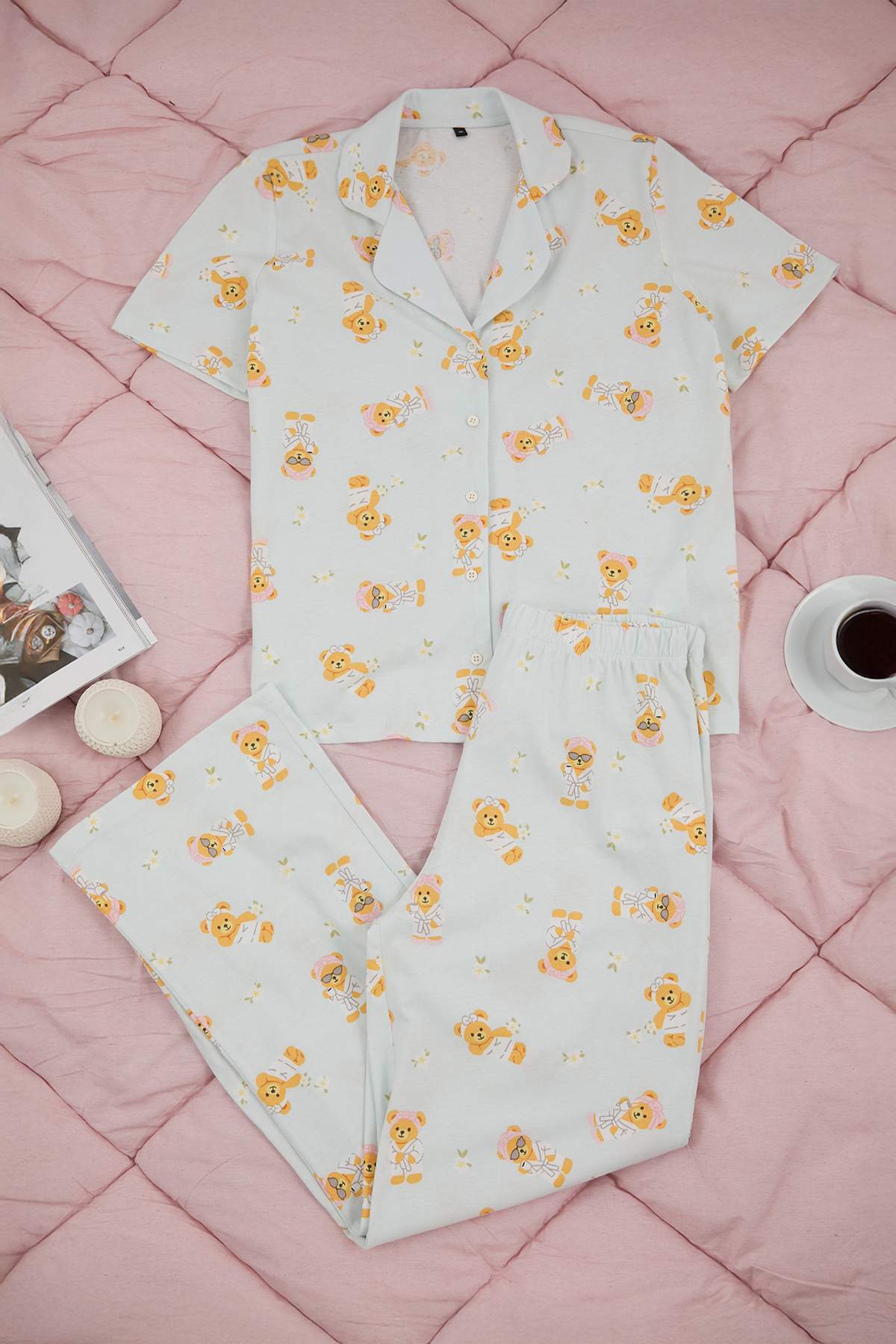 Trendyolmilla  Teen Mavi %100 Pamuklu Ayıcık Desenli Örme Pijama Takımı THMSS26PT00025 - Görsel 6