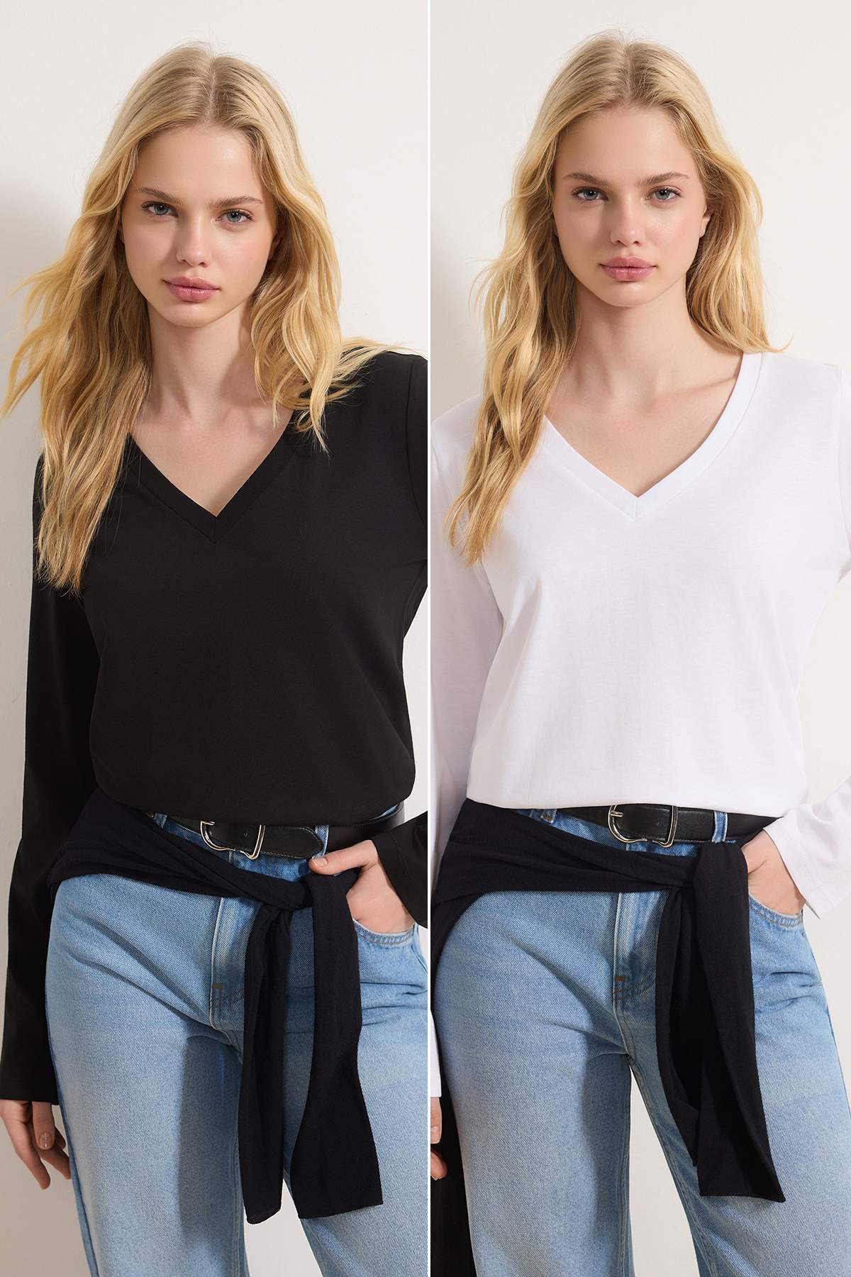 Trendyolmilla  Siyah-Beyaz 2'li Paket %100 Pamuk V Yaka Regular/Normal Kesim Örme T-Shirt TWOAW25TS00002 - Görsel 2