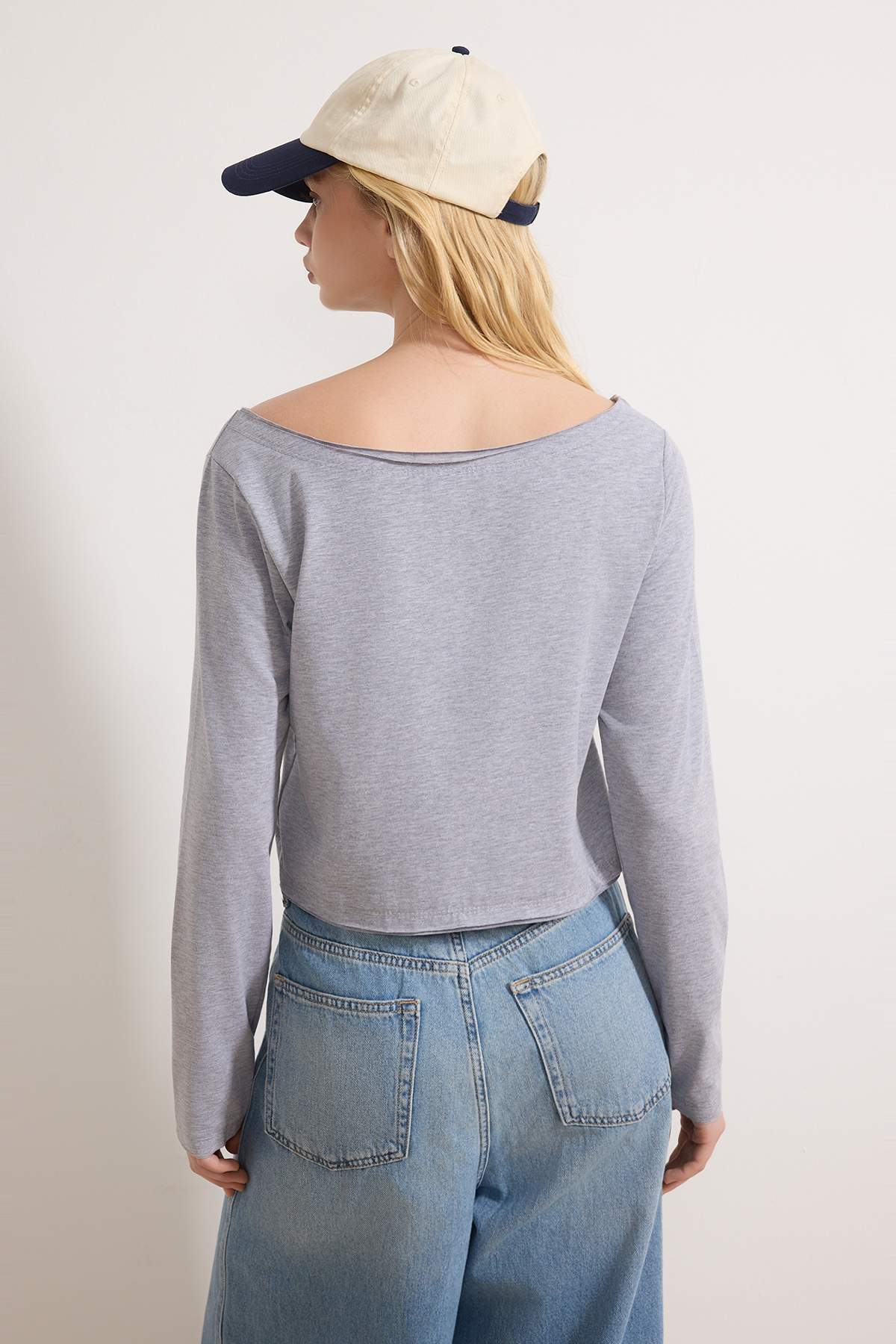 Trendyolmilla  Teen Lacivert-Gri Melanj %100 Pamuk Açık Omuzlu Yaka Rahat Kesim Örme T-Shirt TWOAW26TS00016 - Görsel 9