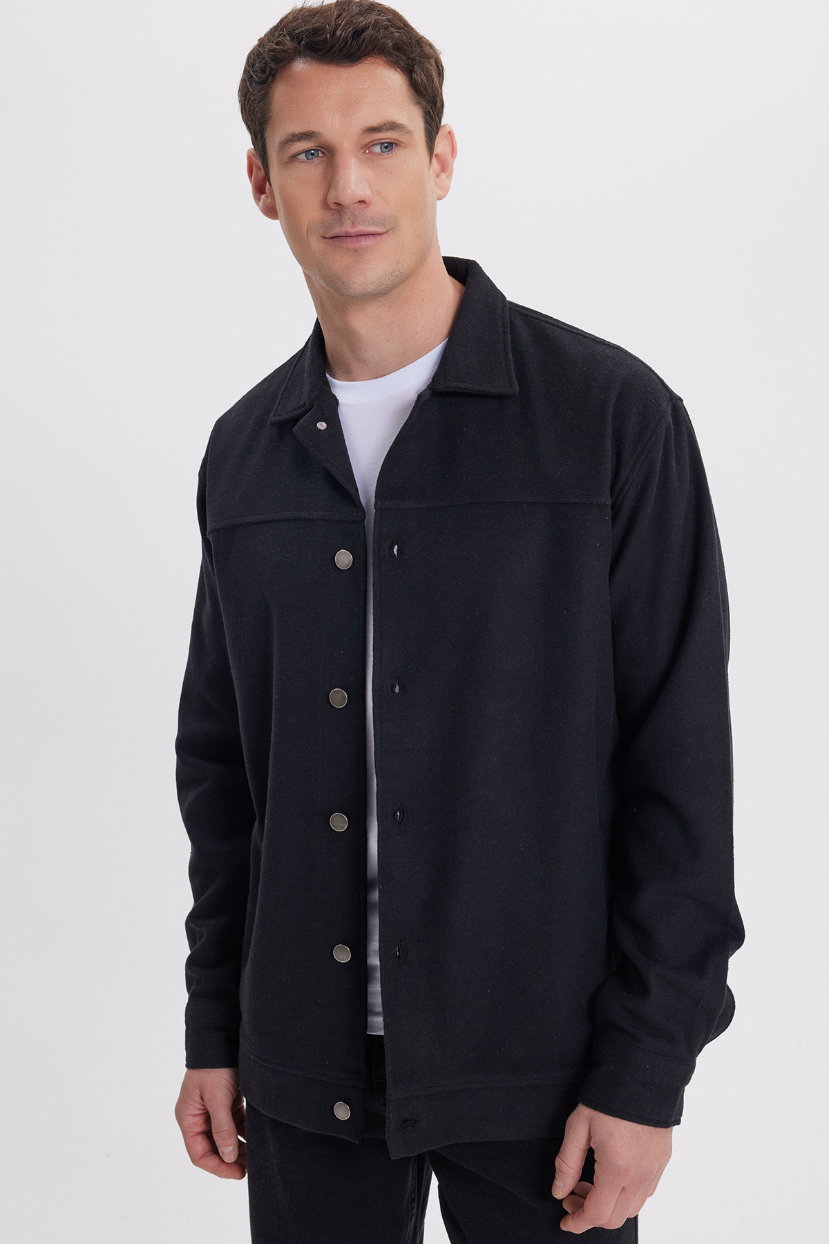 Tudors  Erkek Relax Fit Rahat Kesim Yandan Flota Cep Oduncu Siyah Kaşe Ceket Mont Gömlek - Görsel 5