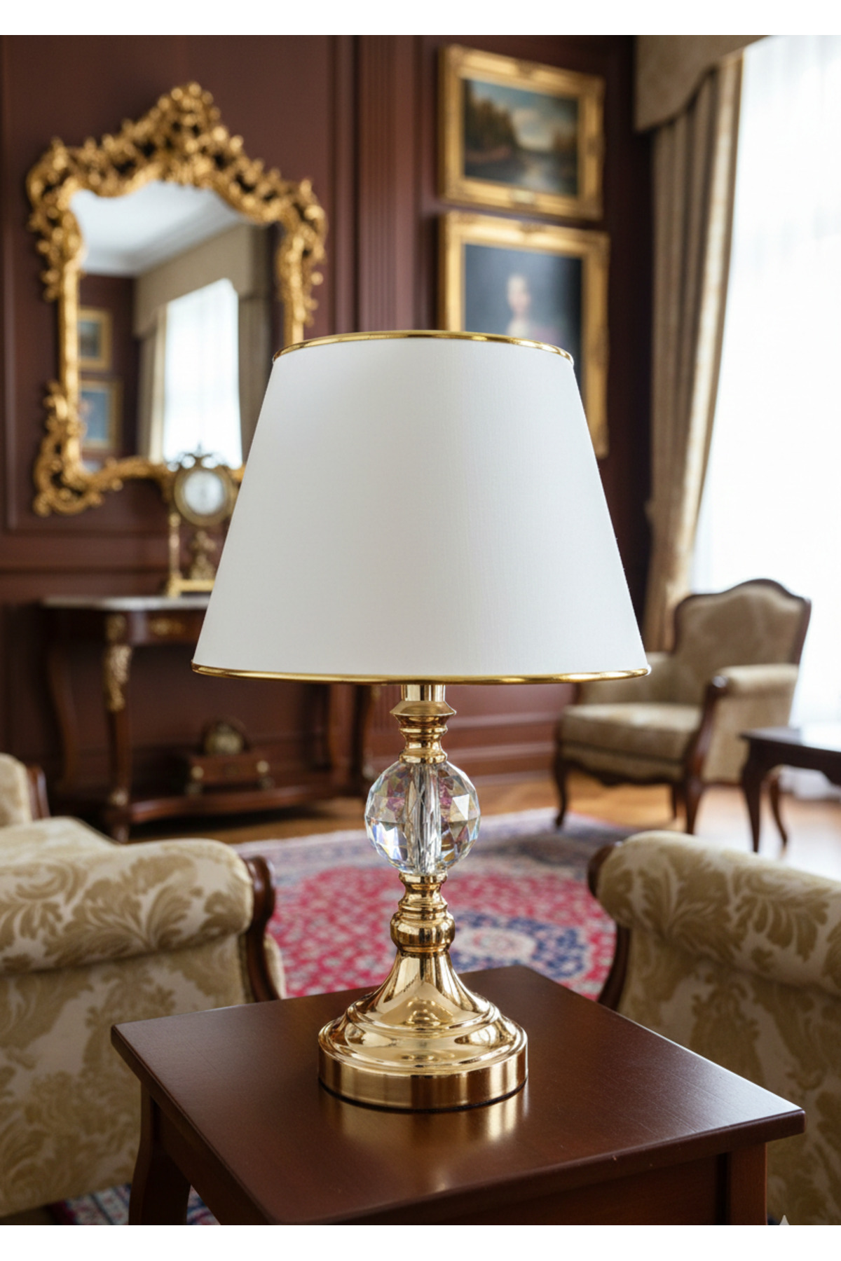 Gold Plated Large Crystal Stone Metal Leg White Gold Striped Fabric Cap Lampshade Lighting