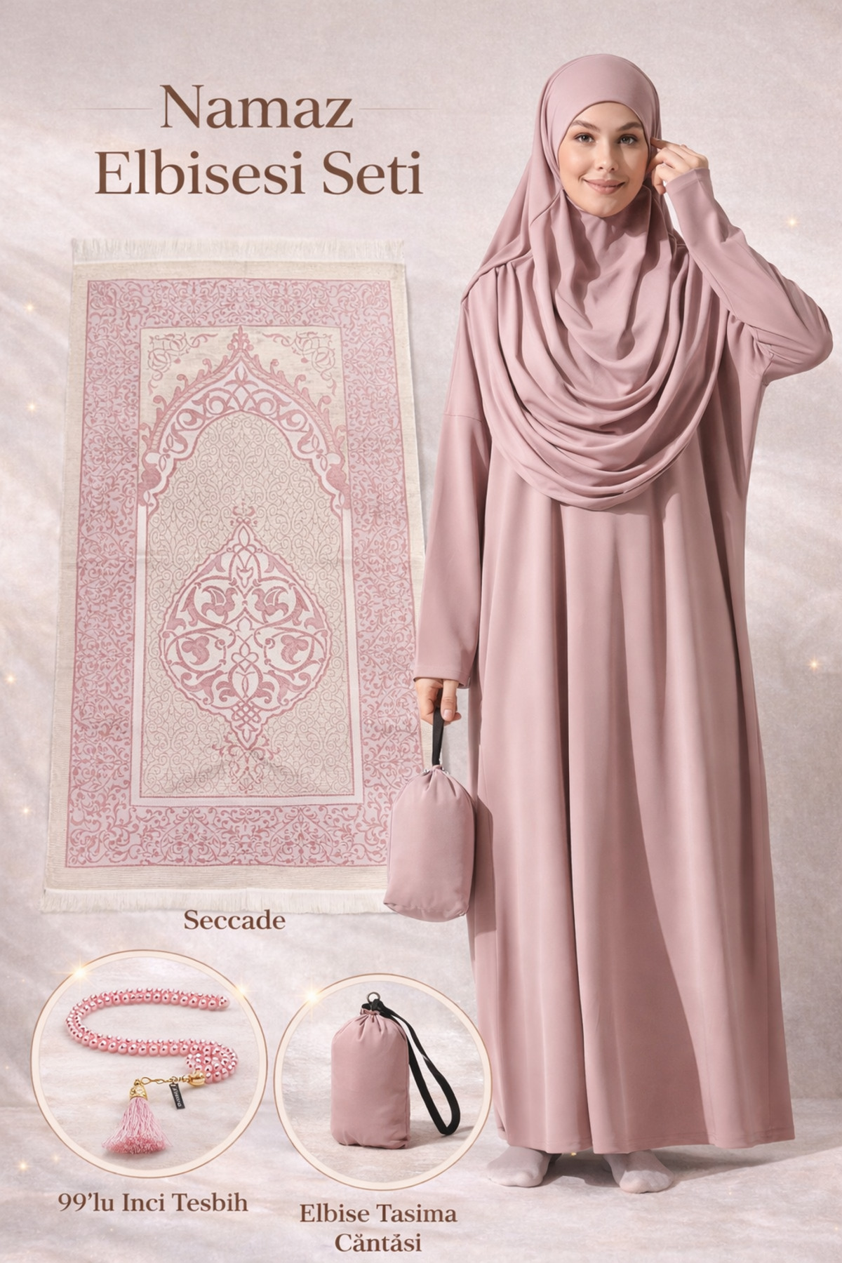 ihvan online  Tek Parça Namaz Elbisesi - Seccade - Tesbih - İbadet Seti Gül Kurusu