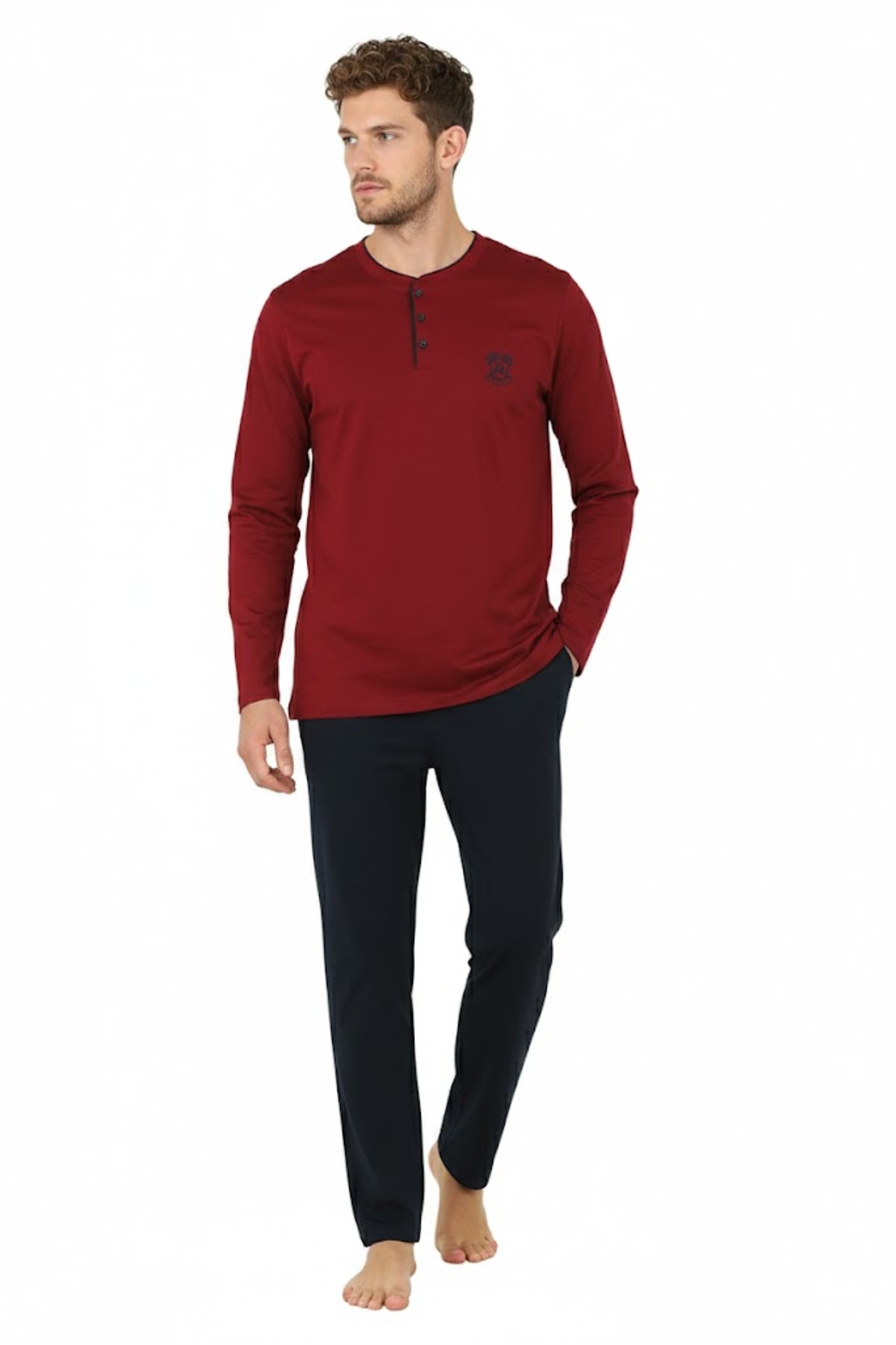 D'S Damat D'S Regular Fit Cotton Düğmeli Yaka Pijama Takımı %100 Saf Pamuk Kumaş BORDO