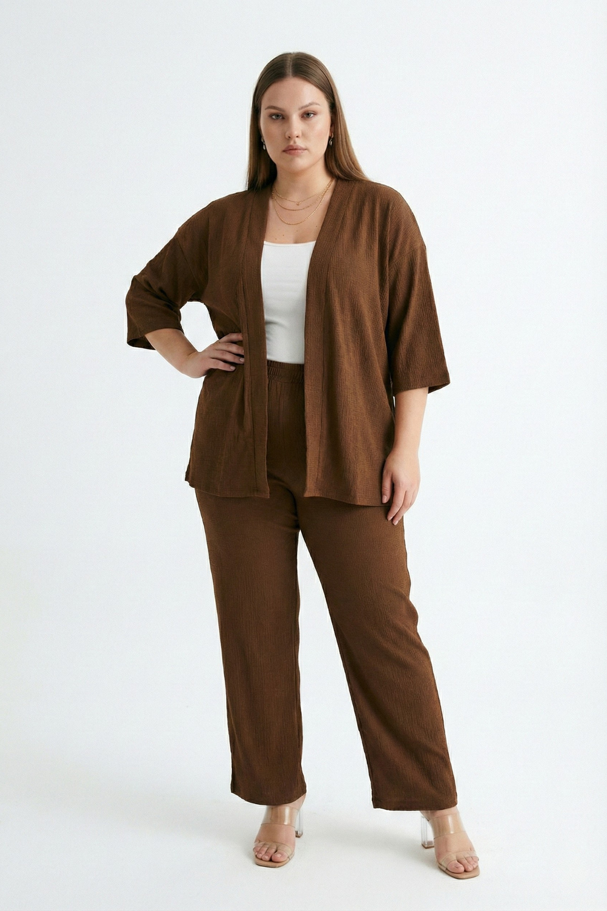 Talvien  Büyük Beden Kimono Hırkalı 2’li Takım – Bürümcük Kumaş Oversize Şık Set - Görsel 2