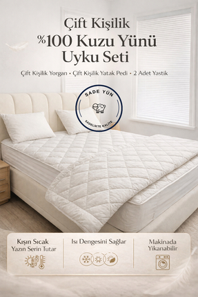 Sade Yün %100 Kuzu Yünü Uyku Seti Çift Kişilik Yorgan Çift Kişilik Yatak Pedi...