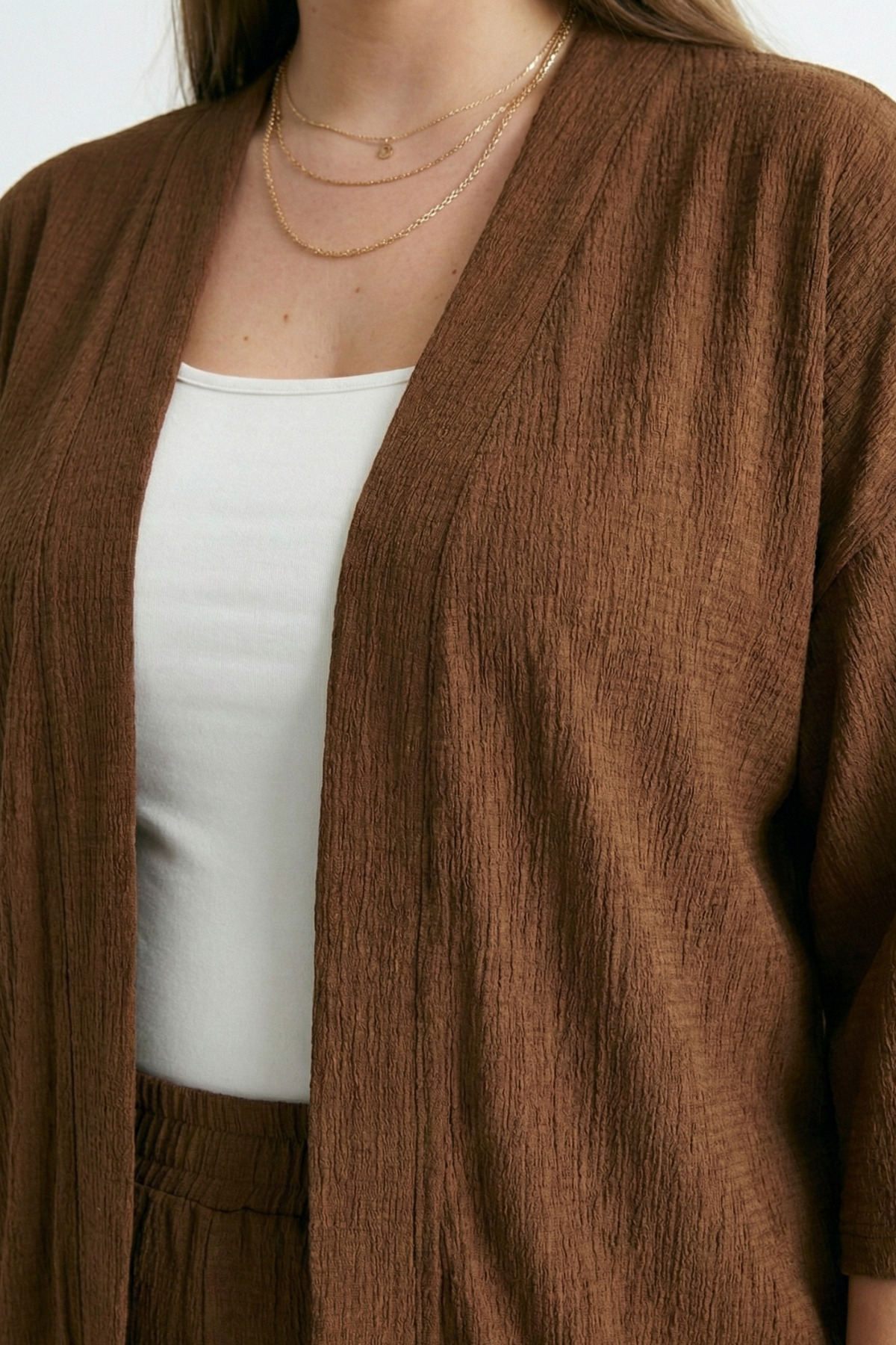 Talvien  Büyük Beden Kimono Hırkalı 2’li Takım – Bürümcük Kumaş Oversize Şık Set - Görsel 5