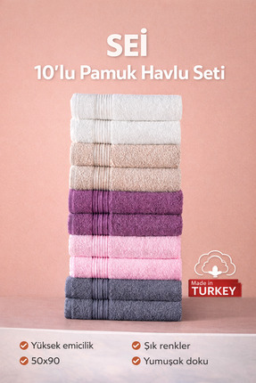 BAMİROSE 50x90 CM 10'LU SEİ EL & YÜZ HAVLU SETİ