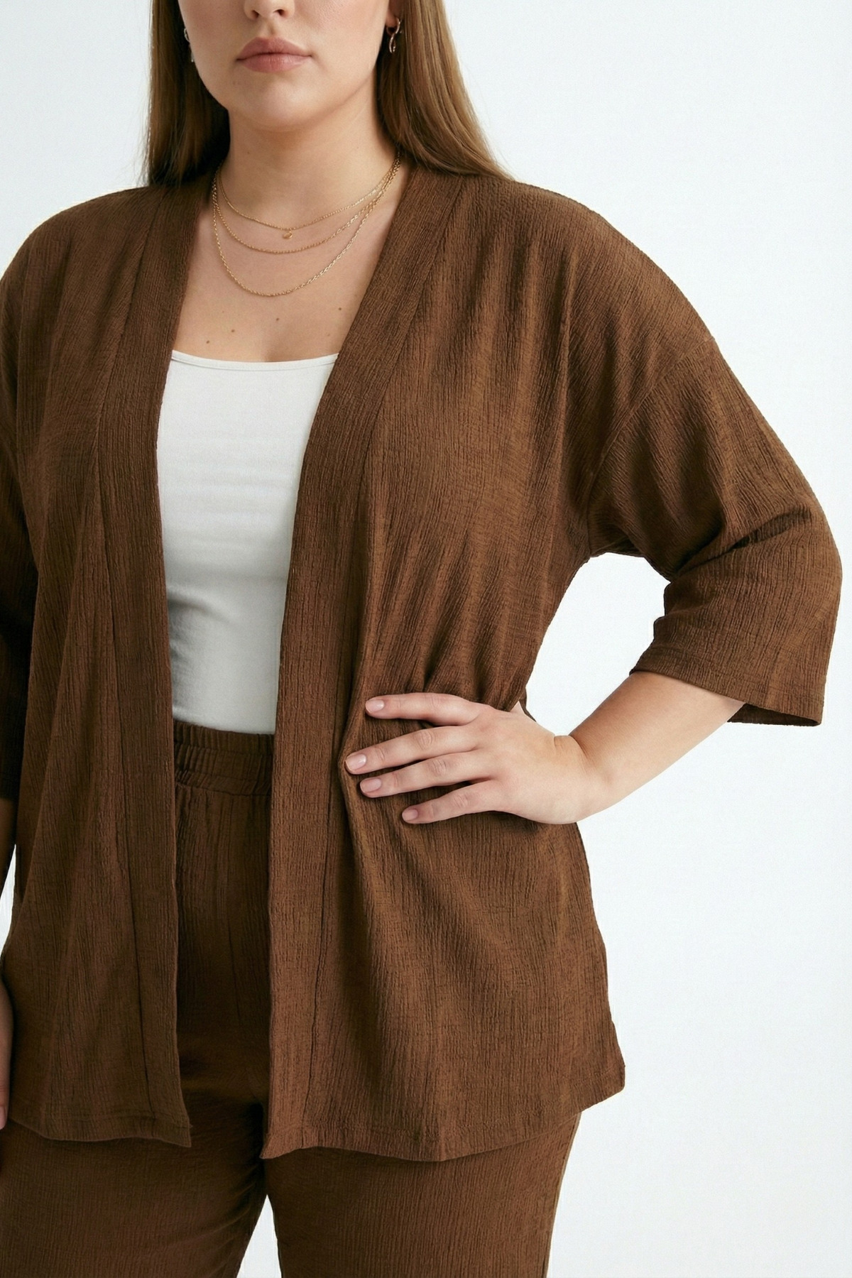 Talvien  Büyük Beden Kimono Hırkalı 2’li Takım – Bürümcük Kumaş Oversize Şık Set - Görsel 4