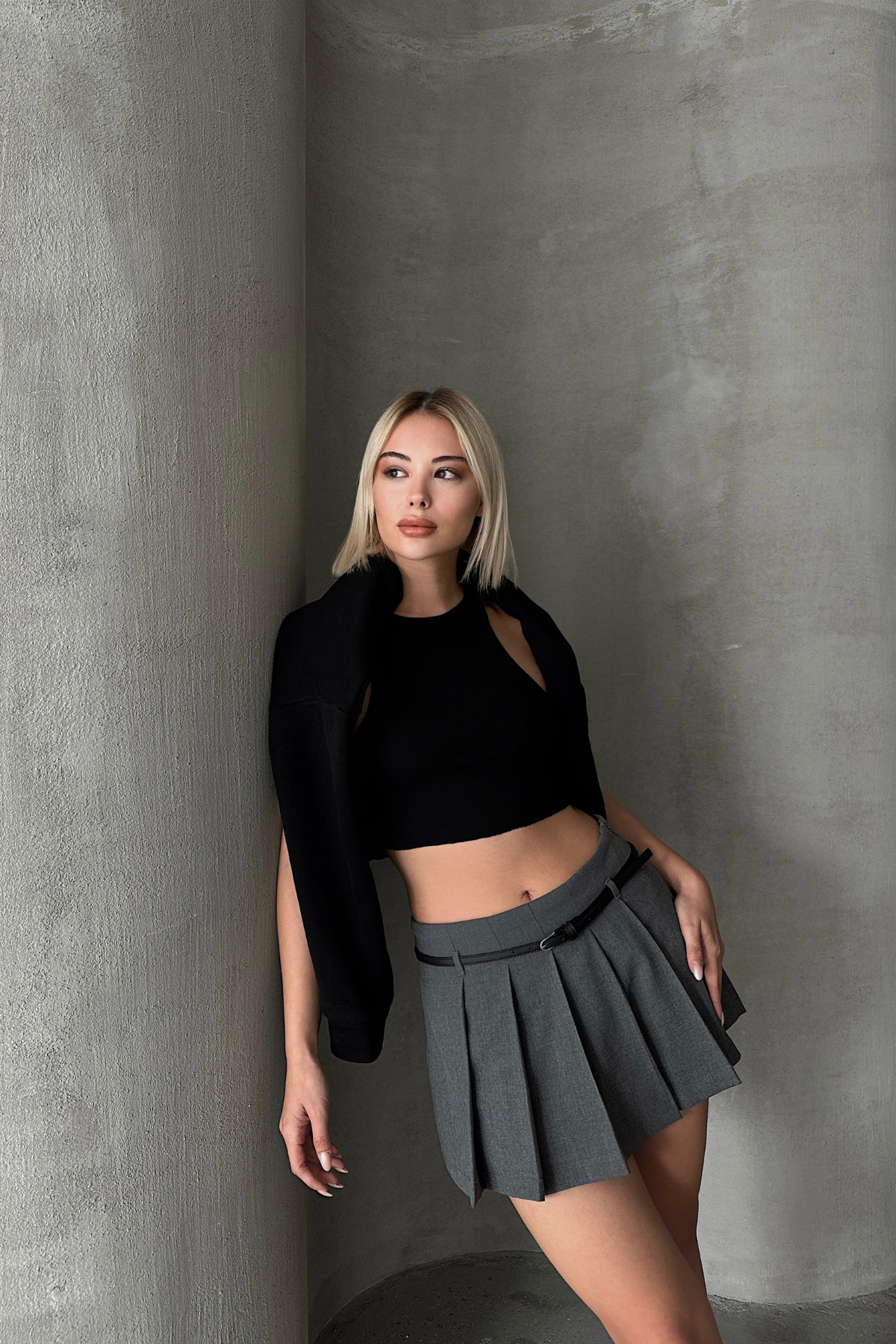 Babushka  Gri Duble Pileli Şort Etek - Görsel 5