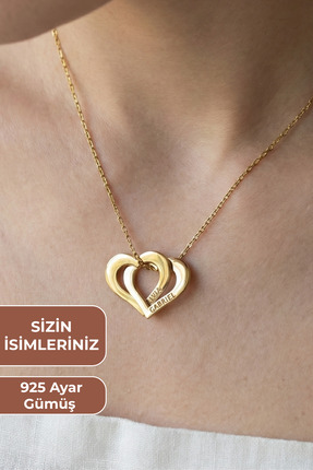 ZOLESSA Kadın Kişiye Özel İç İçe Geçen Çift Kalpli 2 İsimli Kolye Altın Rengi...