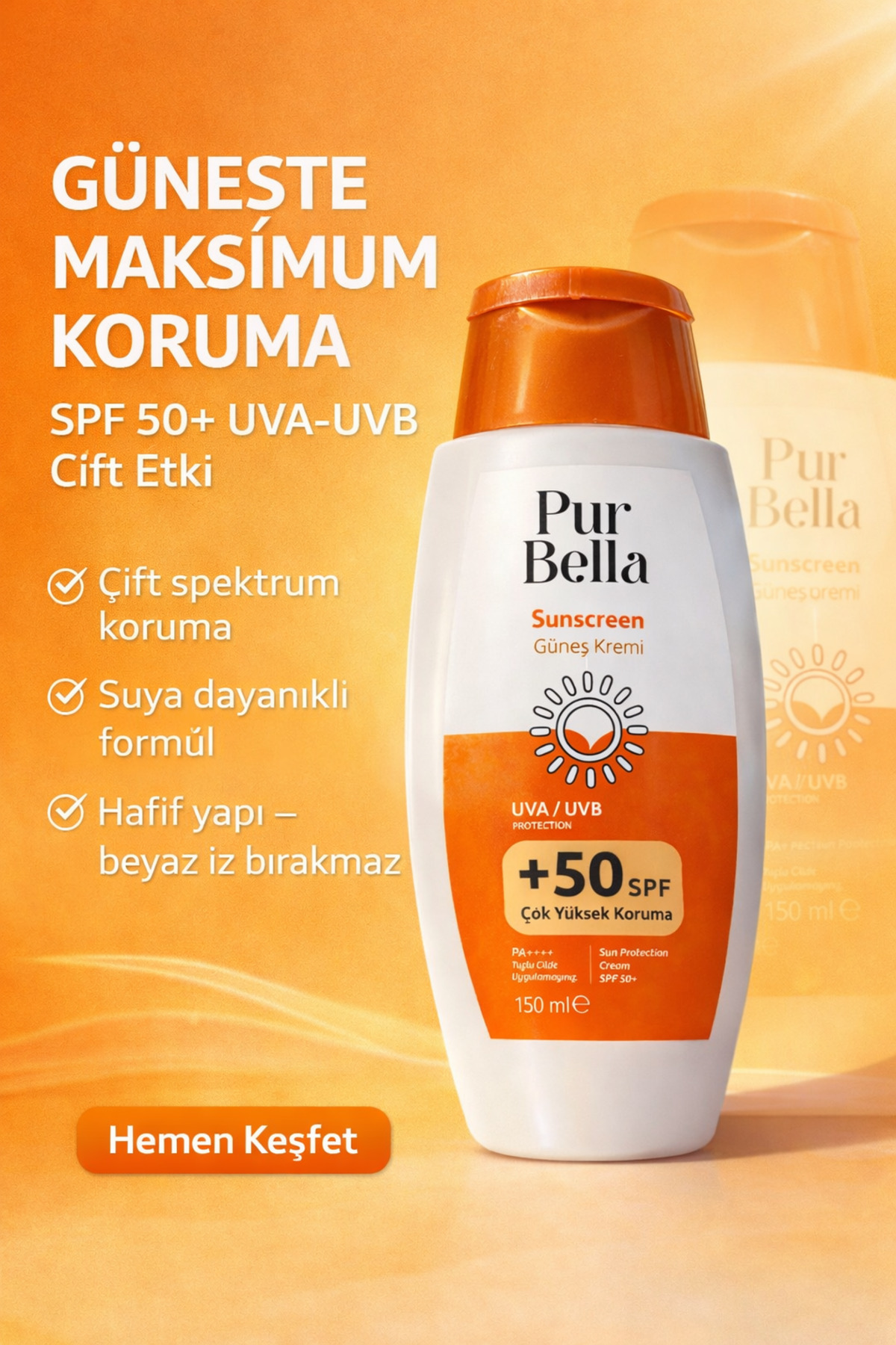 Sun SPF 50+ Güneş Koruyucu Krem 2’li 150 ml UVA UVB PA++ — 1000111 — تصویر 4 از 5