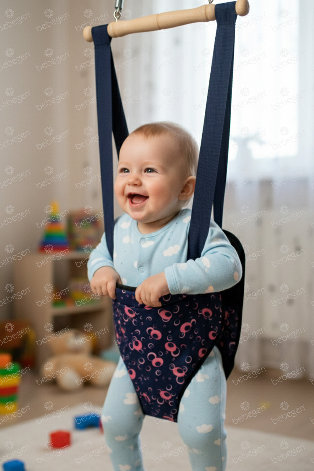 bebegen Lacivert Pembe Yuvarlak Desenli Hoppala Salıncak fotoğrafı 2 (önizleme)