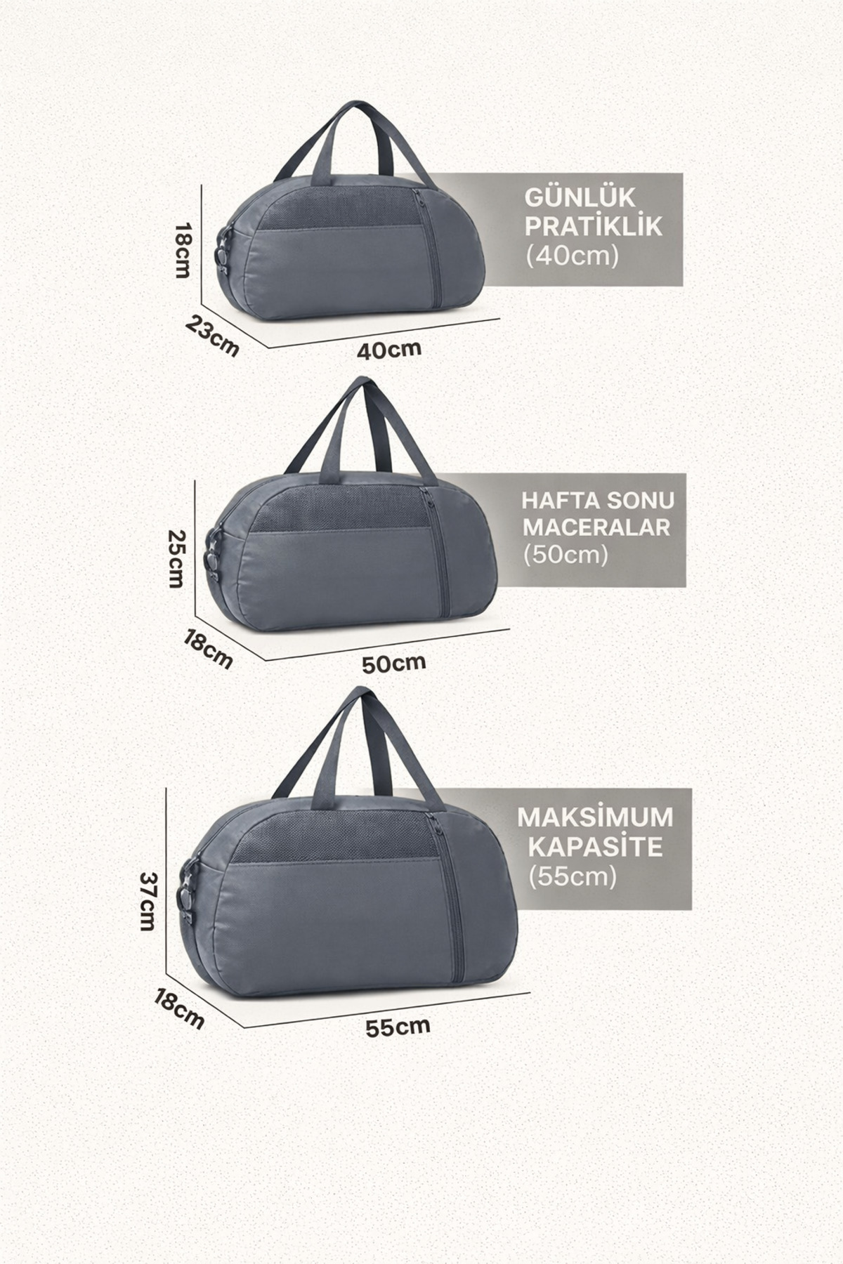 KAFF  Gri 3'lü Set D Valiz Önü Cepli Ayarlanabilir Omuz Askılı El Seyahat Spor Çantası - Görsel 4