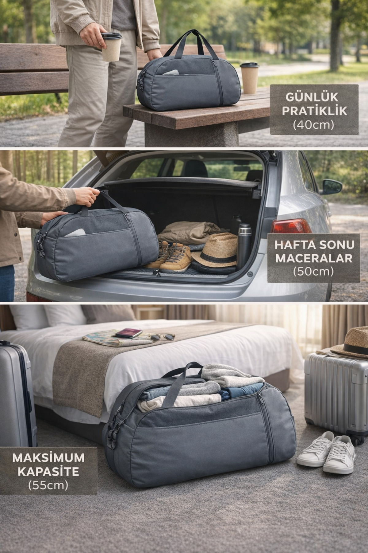 KAFF  Gri 3'lü Set D Valiz Önü Cepli Ayarlanabilir Omuz Askılı El Seyahat Spor Çantası - Görsel 2