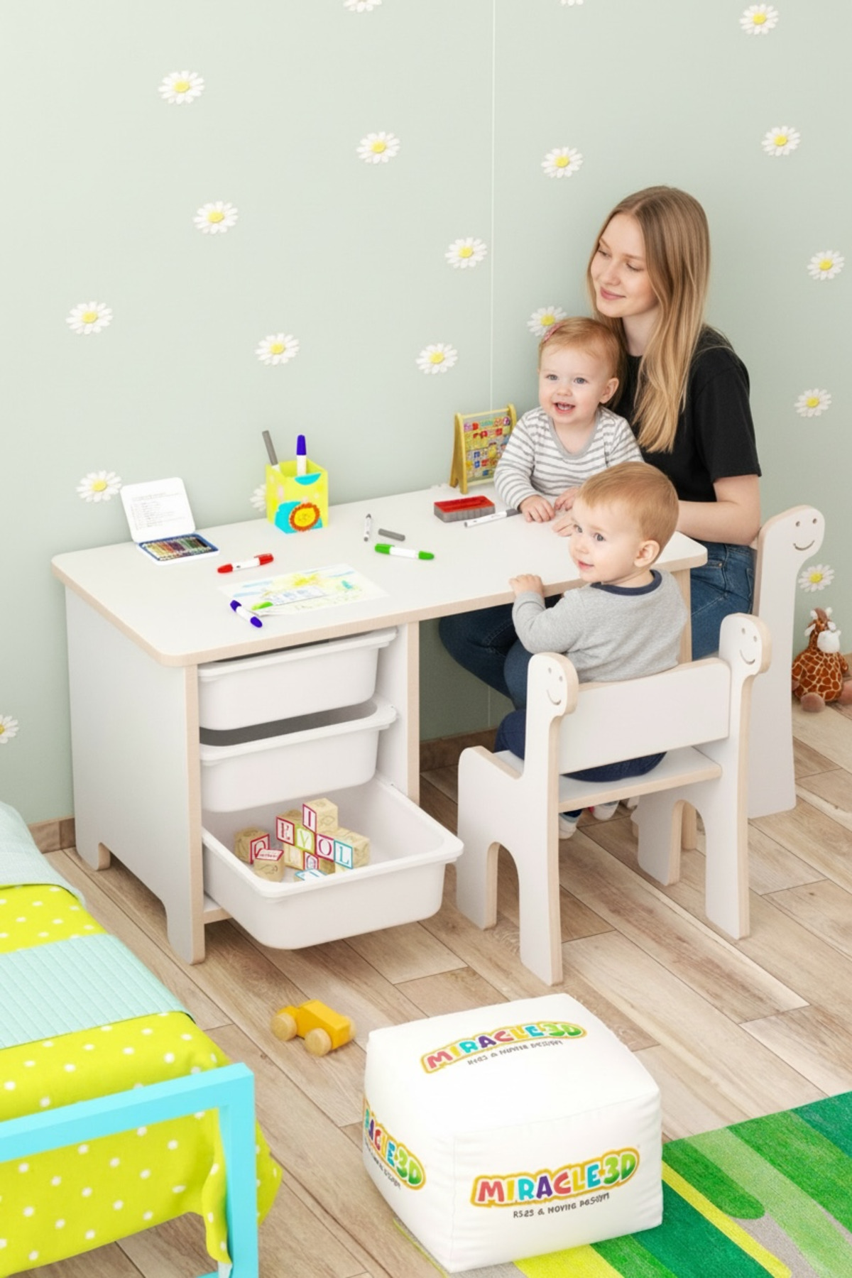 Children's Table ChairSet-3 Children's Desk with Basket Activity Table Summer-delete double Dino Chair