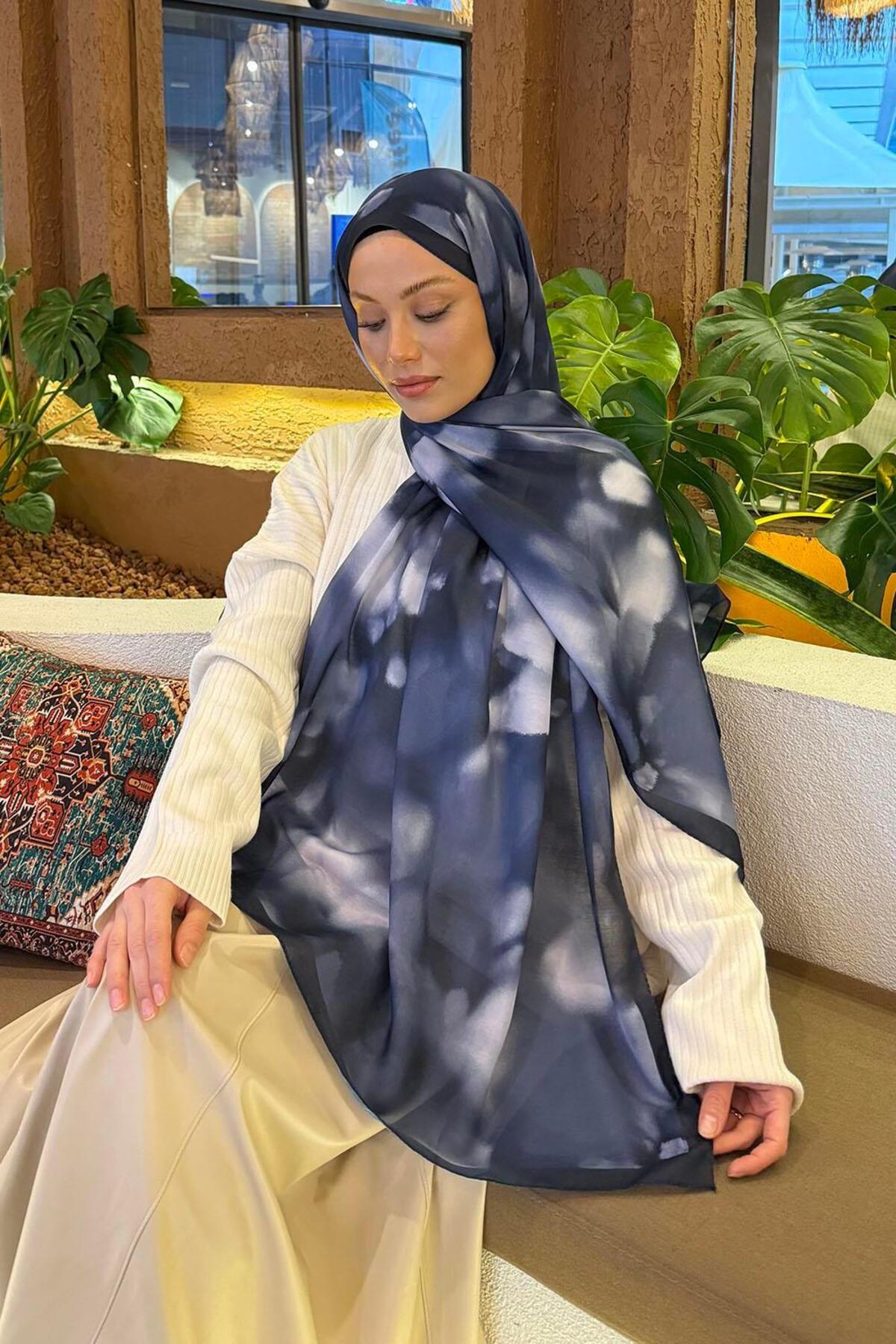 lamelif Batik Desen Soft Şal Lacivert görsel 3