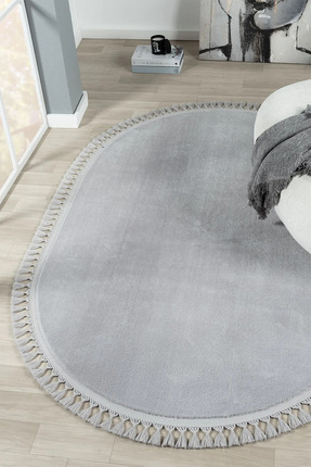 SARAZ HALI Puffy Gri Oval Örgü Saçaklı Peluş Yumuşacık Yıkanabilir Kaymaz Tab...
