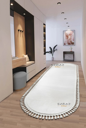 SARAZ HALI Puffy Gri Oval Örgü Saçaklı Peluş Yumuşacık Yıkanabilir Kaymaz Tab...