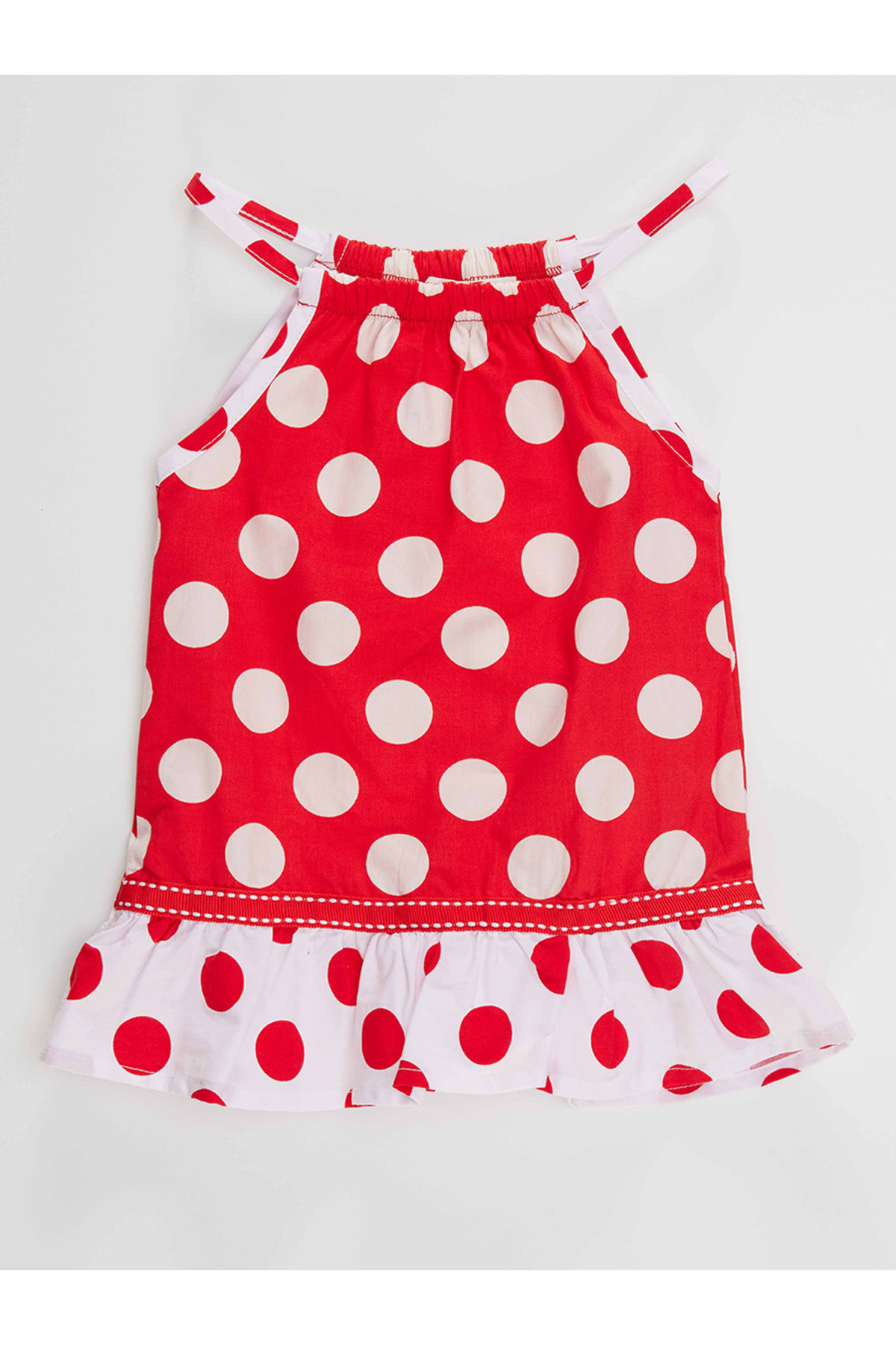 Denokids Kırmızı Puantiye Kız Bebek Askılı Yazlık Elbise fotoğrafı 3 (önizleme)