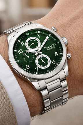 Ferrucci Function Erkek Kol Saati - Gümüş Renk Kasa ve Çelik Kordon, Yeşil Ka...