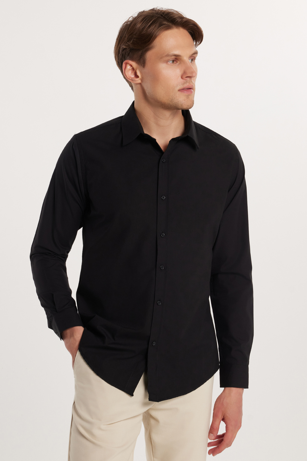 Tudors  Erkek Slim Fit Dar Kesim Pamuklu Terry Cotton Kumaş Kolay Ütü Siyah Gömlek - Görsel 3