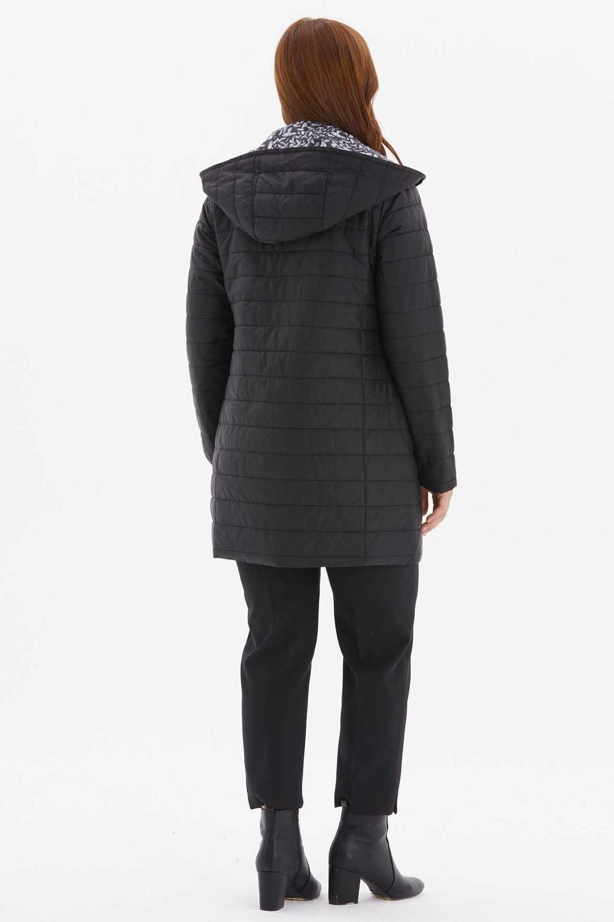 Selen Giyim  Kapüşonlu Desenli Astarlı Kapitone Mont / SİYAH - Görsel 5