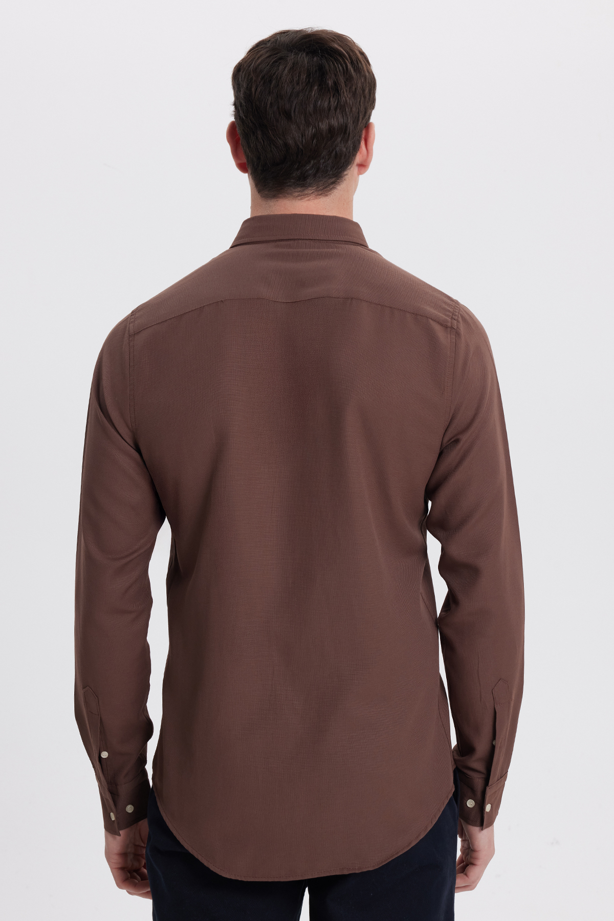 Tudors  Erkek Slim Fit Dar Kesim Düz Oxford Armalı Düğmeli Yaka Kahverengi Spor Gömlek - Görsel 7