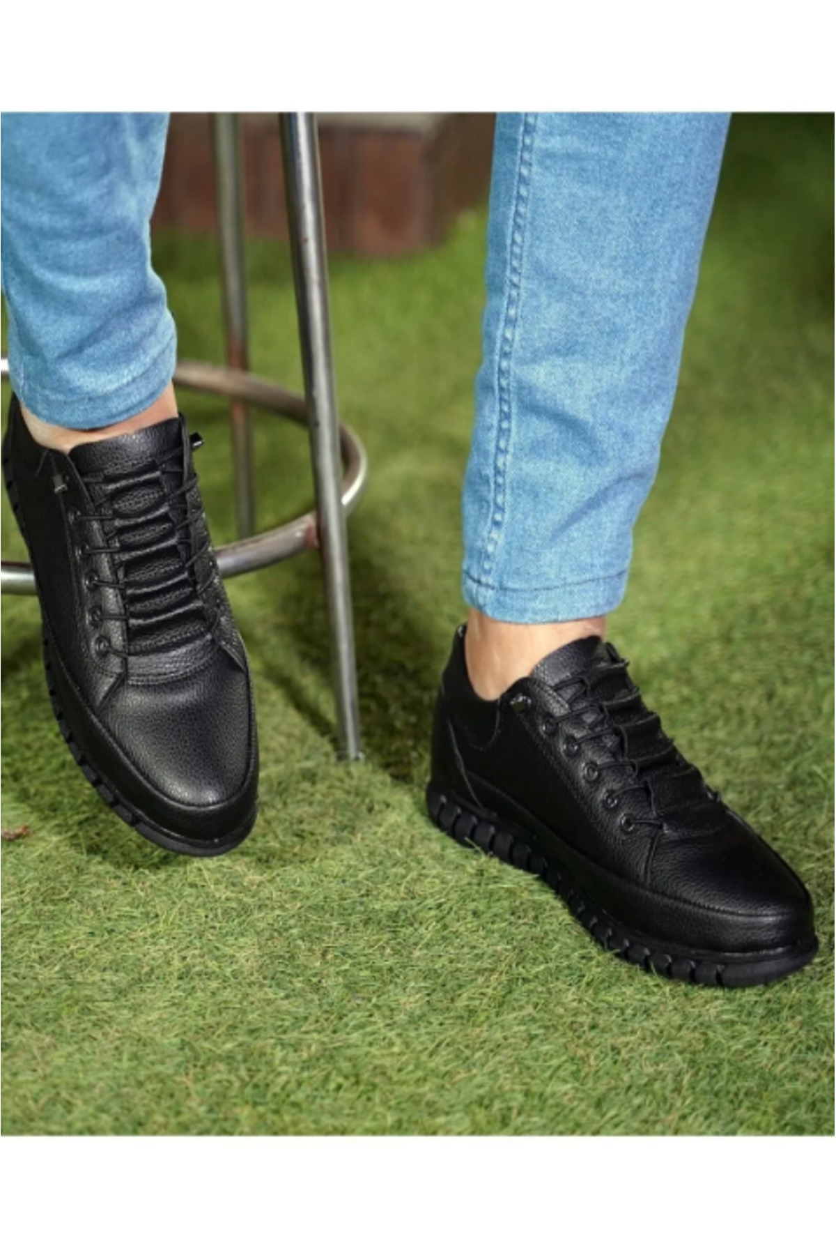 Genel Markalar  Erkek Siyah Deri Görünümlü Günlük Spor Ayakkabı Kaymaz Taban - Görsel 3