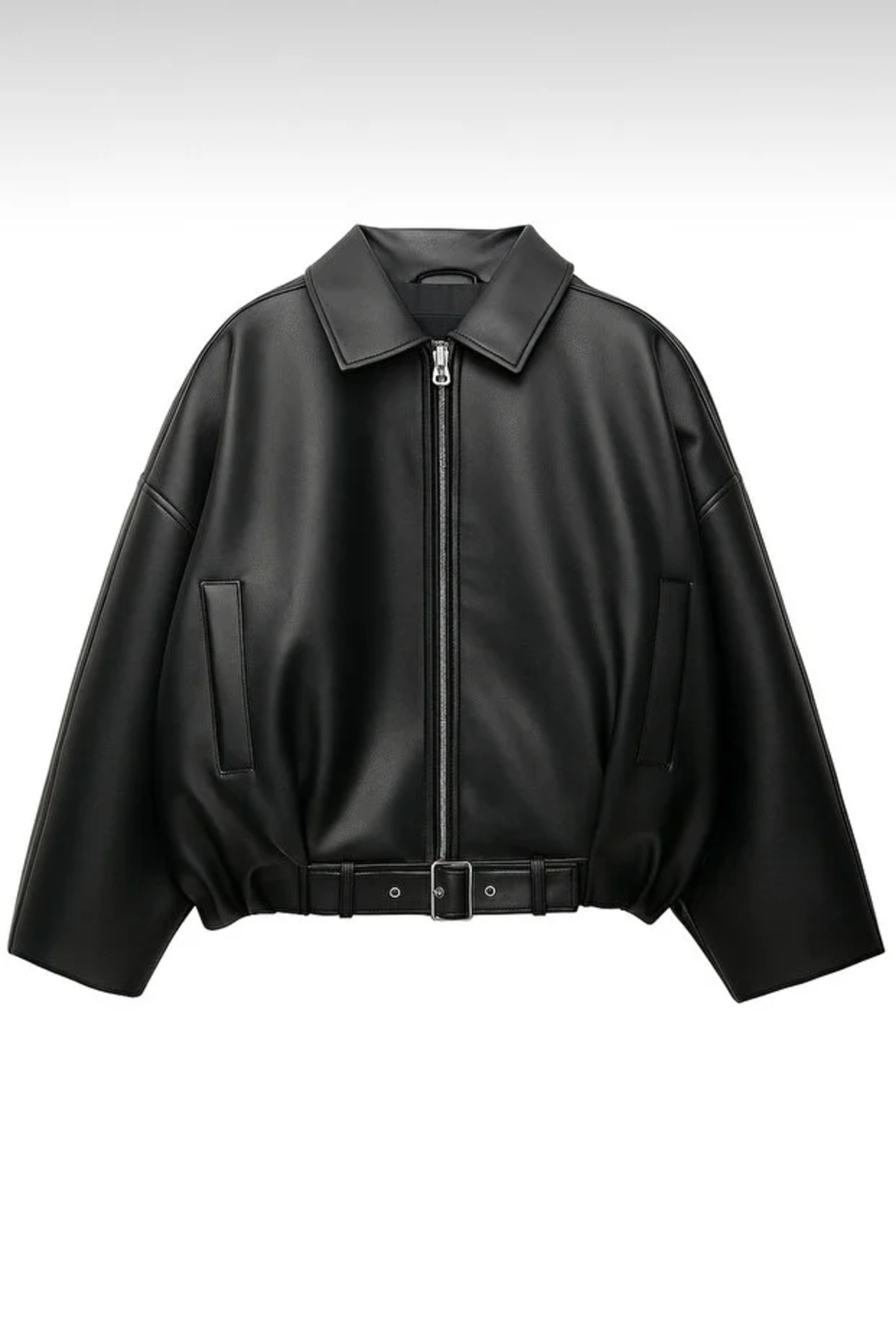 Rowsmen  KADIN Yeni Sezon P&B Oversize Bomber KADIN Deri Ceket Oversize Relax Fit, Fermuarlı Kemer Detaylı - Görsel 2