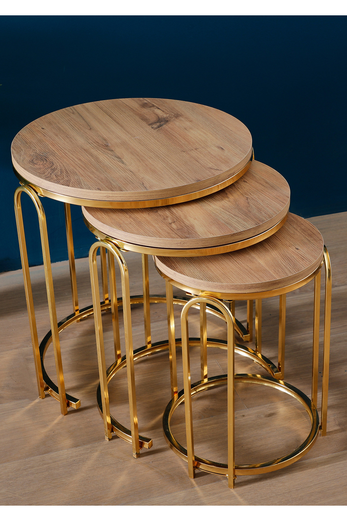 Lenka Zigon Sehpa Takımı Yuvarlak 3'lü Gold Metal - Açık Ceviz sedaş-lenka-zigon-gold