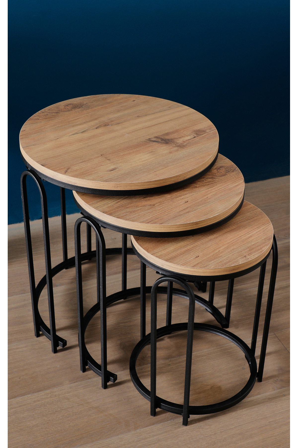 3' LÜ AÇIK CEVİZ AHŞAP SİYAH (STATİK) AYAK LENKA METAL SEHPA TAKIMI sedaş-zigon-sehpa