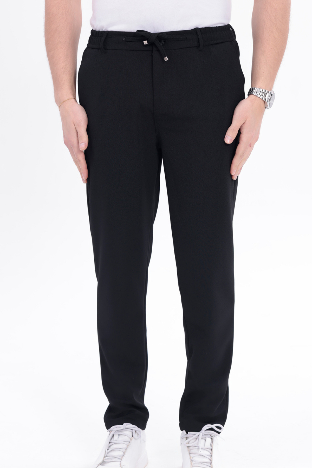 T SteepRockt  Erkek Siyah Jogger Pantolon Beli Bağlamalı Ve Kemerli Arka Cepli Regular Kalıp Rahat Kesim - Görsel 3