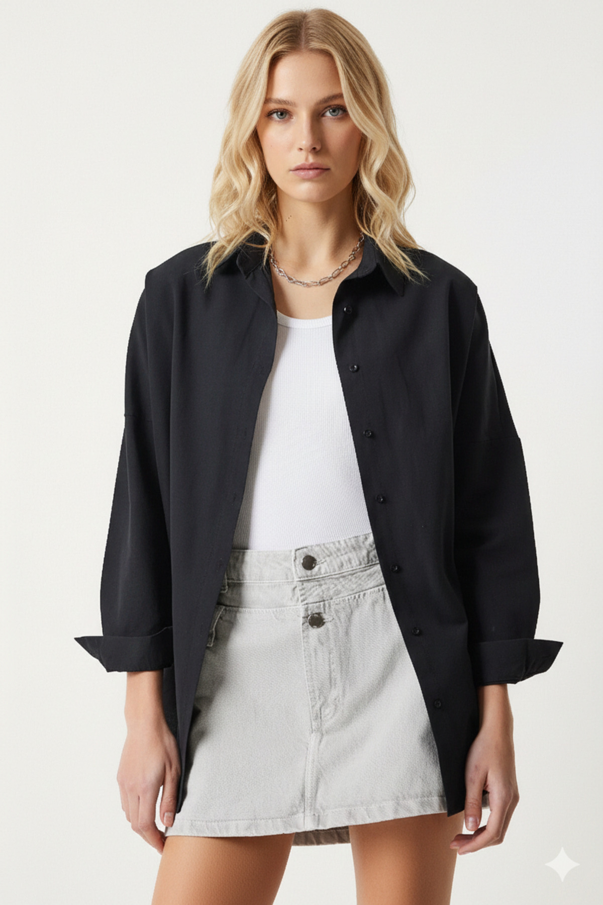 hazelin Kadın Siyah Oversize Uzun Basic Gömlek HZL22W-BD139001 görsel 2