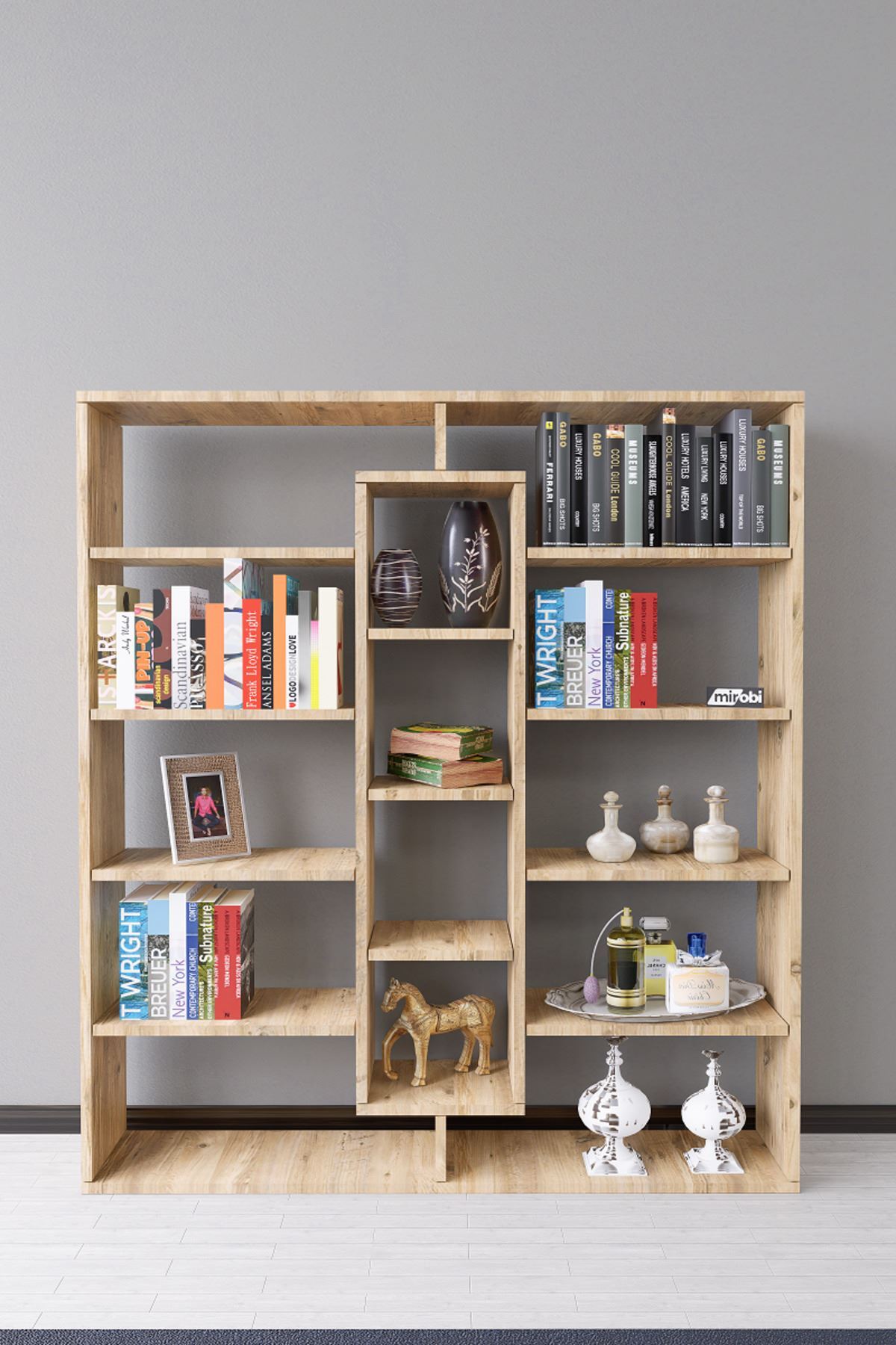 Kiola 14 Compartment Decorative Open Design Bookshelf Modern Bookshelf Pine