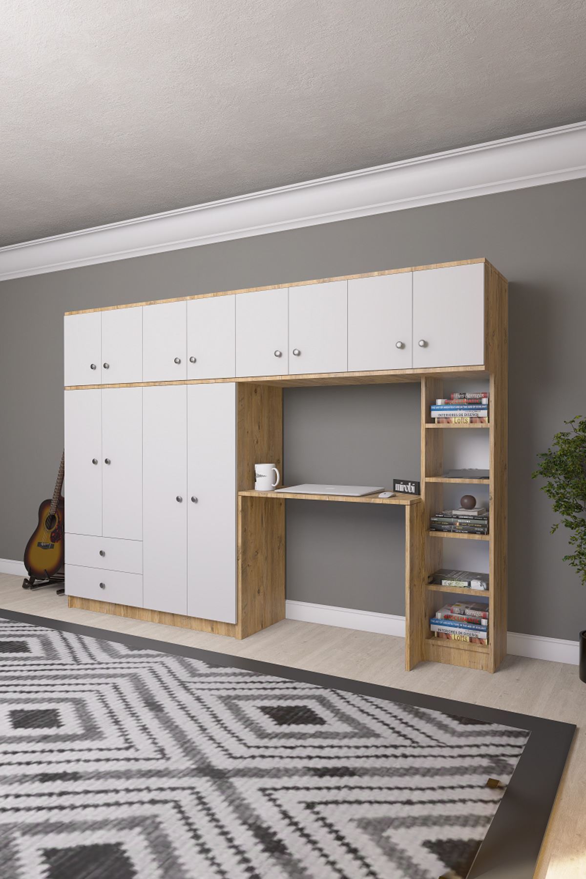 Desk with Solvio Bookshelf Wardrobe Unit Front White Body Rivoli