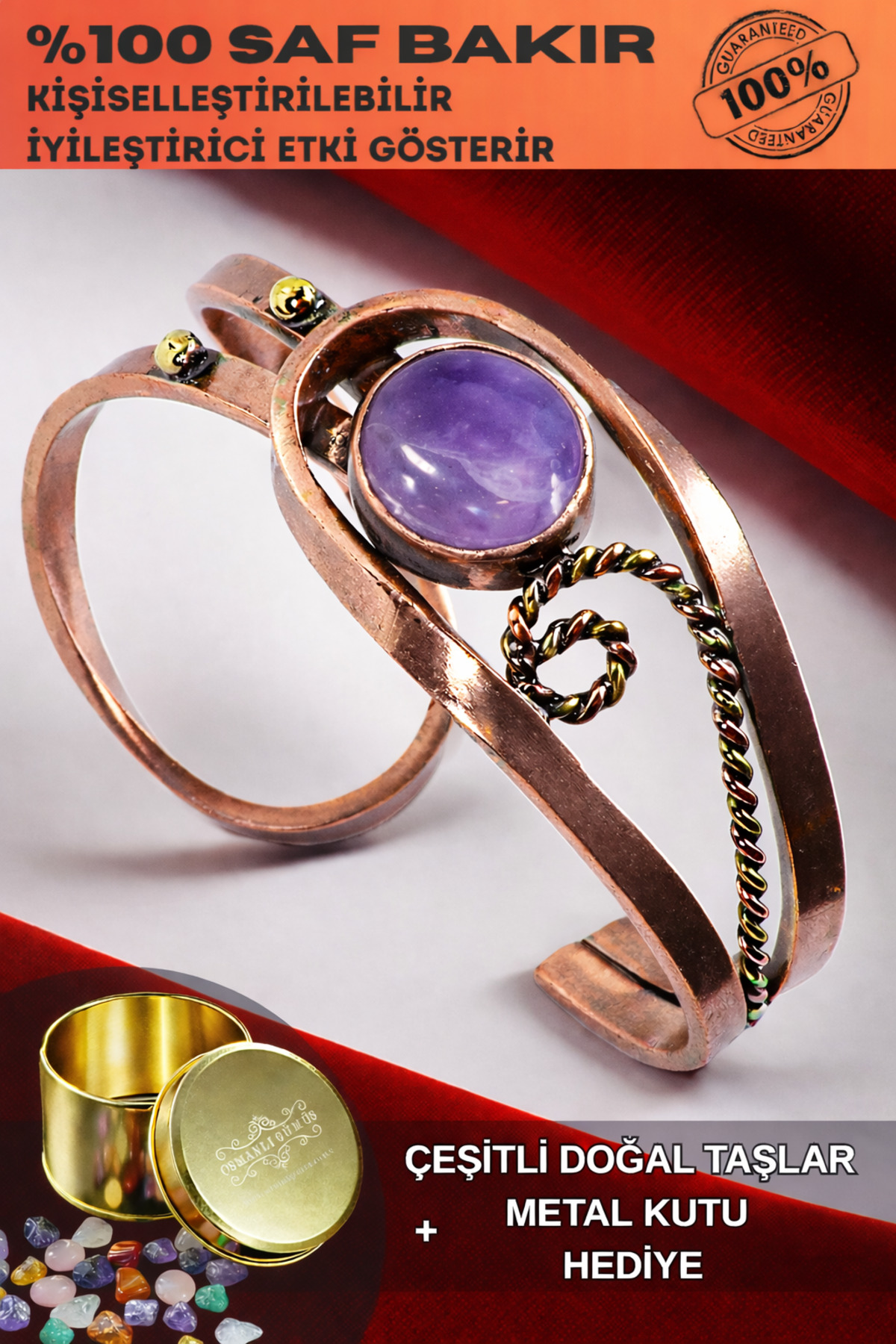 Women's Copper Bracelet - Purple Amethyst Gemstone Twist Model Women's Bracelet Metal Box and Natural Stones