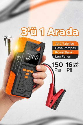EN SİGA Akü Takviyeli 9'u Bir Arada 150 PSI Pompa Powerbank 16000 mAh LCD Ekr...